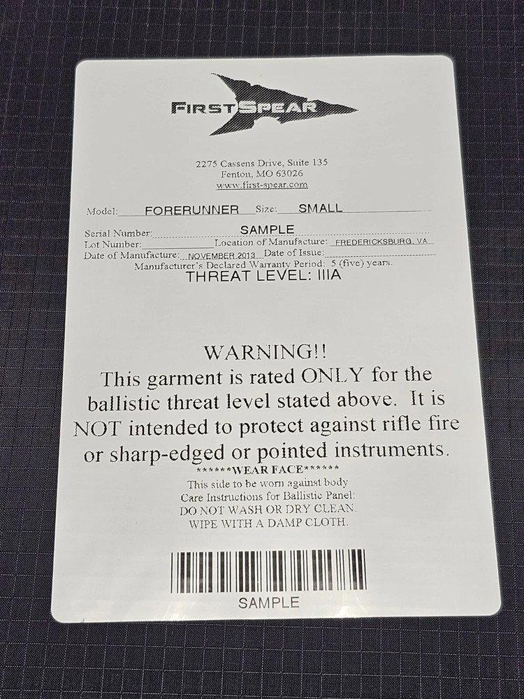 FirstSpear FORERUNNER SAPI cut soft armor L 10x13 panel inserts Level IIIA T&E
