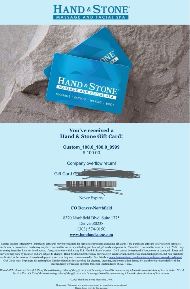 Hand &  Stone $100 Gift Card