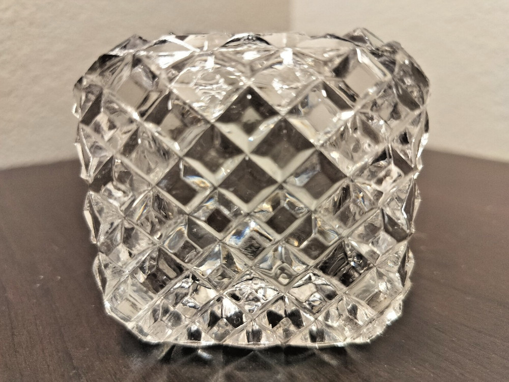 Vintage Pressed Glass Salt Cellar Dish Square Cut Pattern Small Condiment