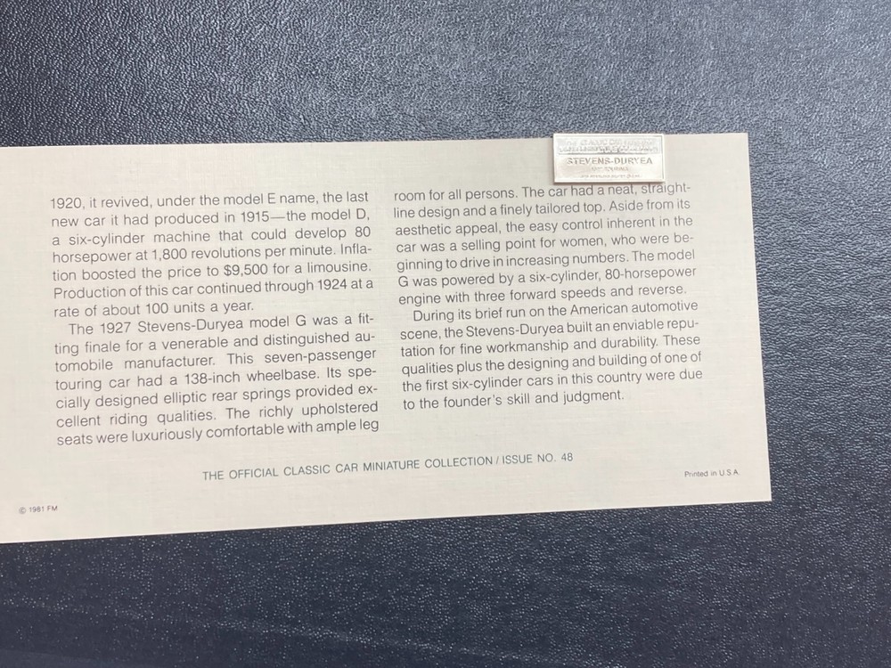 1981 Franklin Mint Classic Car Collection Silver Ingot Stevens-Duryea Tourer