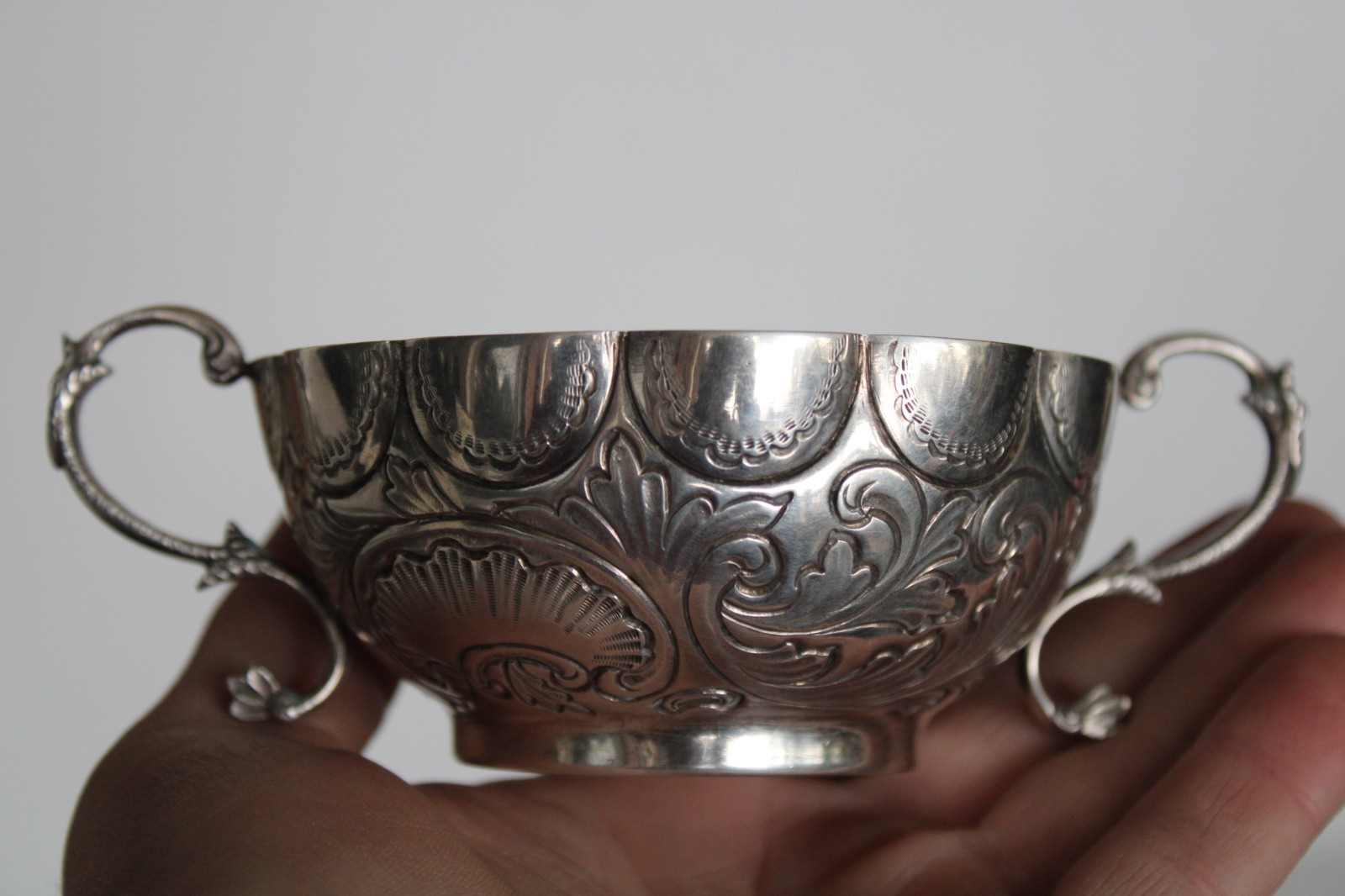 Antique 19th Century Silver Portuguese Bernegal Repousse Handled Religious Cup