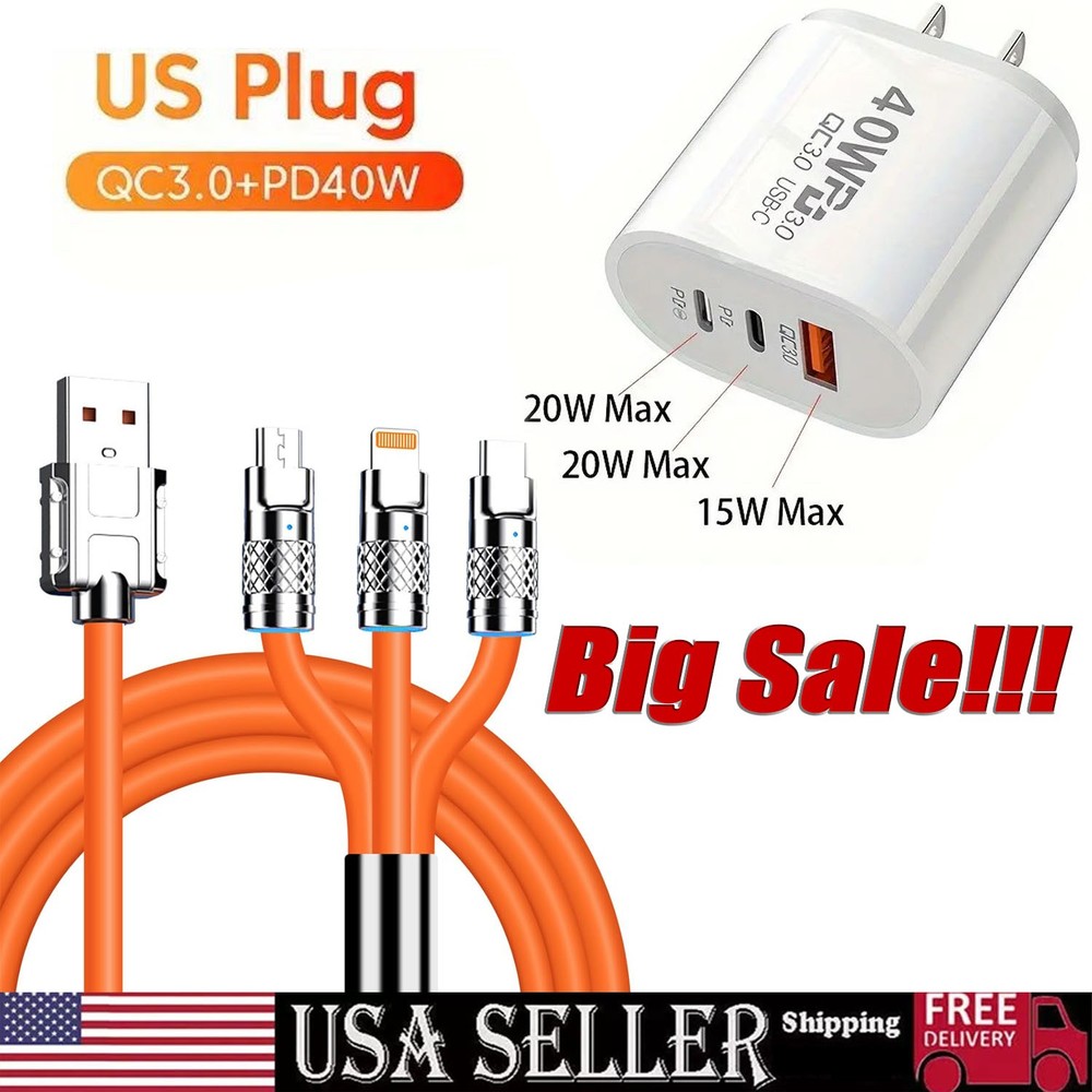 3 in 1 Fast USB Charging Cable Universal Multi Function Cell Phone Charger Cord