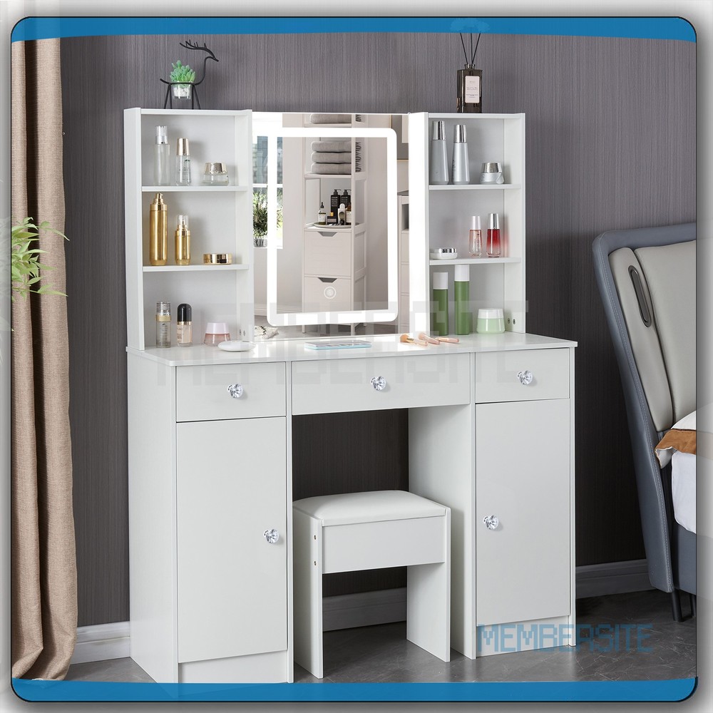 Vanity Table Makeup Dressing Desk with Smart LED Lighted Mirror and Stool White