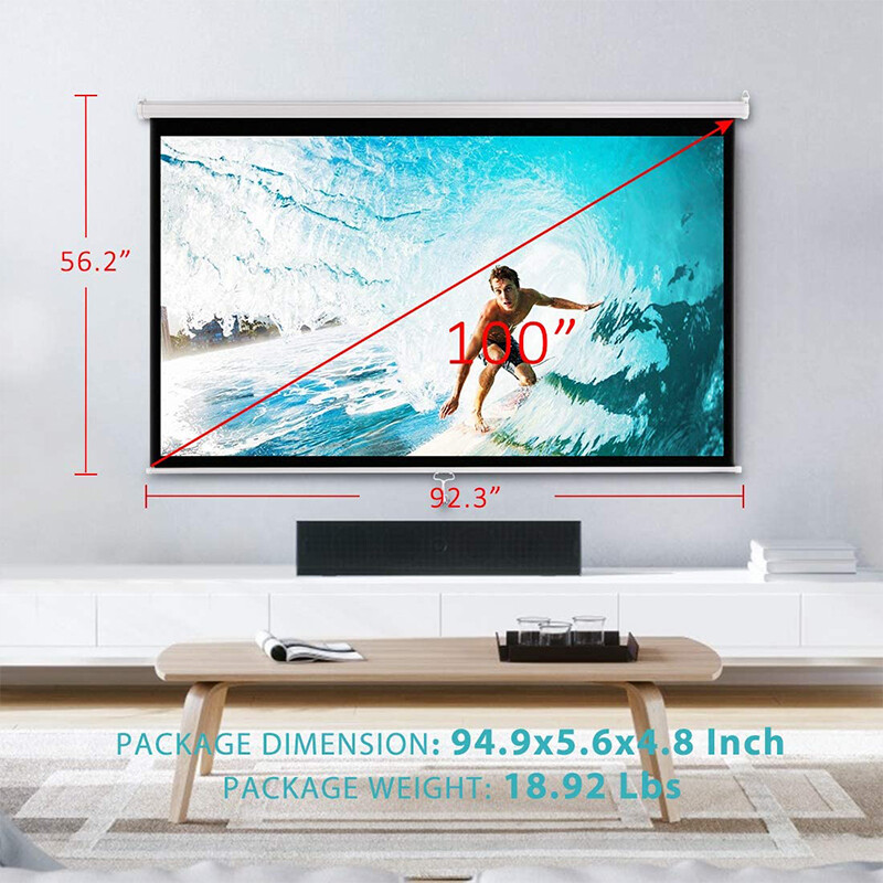 100" Diagonal 16:9 Projection Projector Screen HD Manual Pull Down Home Theater