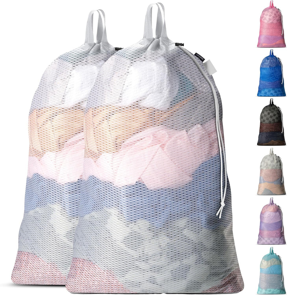 Large Mesh Laundry Bags - 2-Pack Heavy Duty with Handles & Drawstring - Machine
