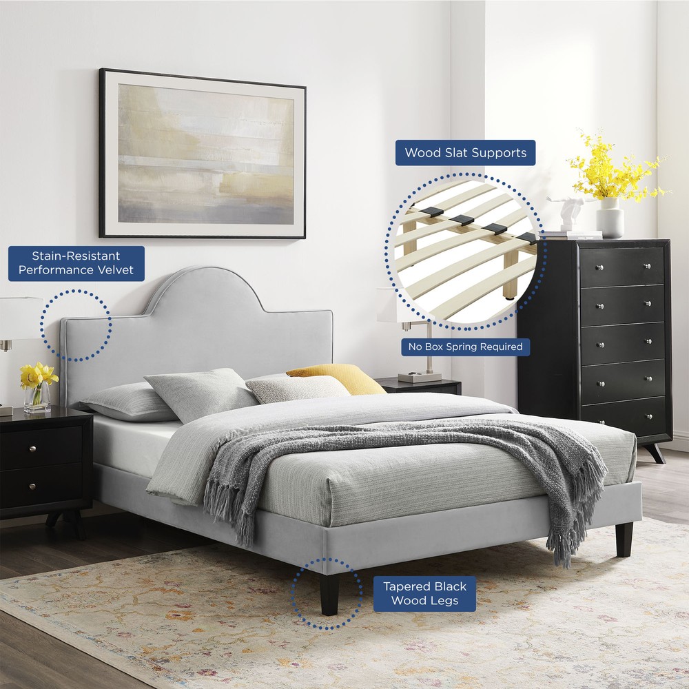 Modway Soleil Performance Velvet Queen Bed in Light Gray
