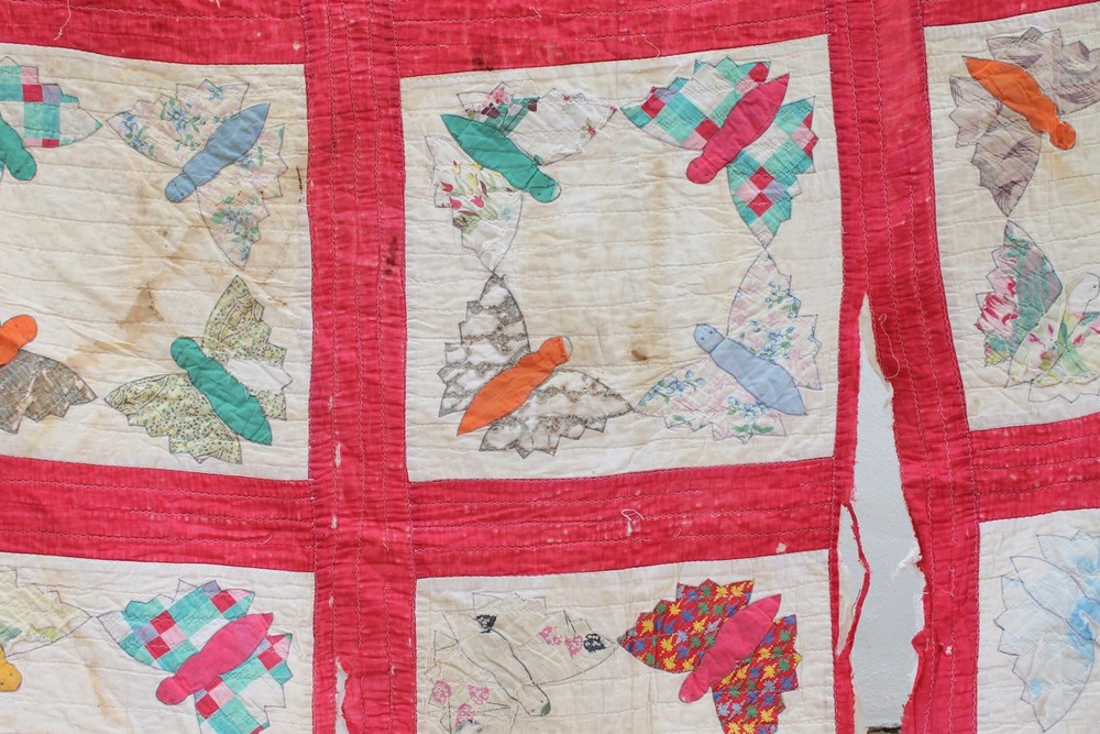 Antique Heirloom Butterfly Turkey Red Cutter Patchwork Quilt