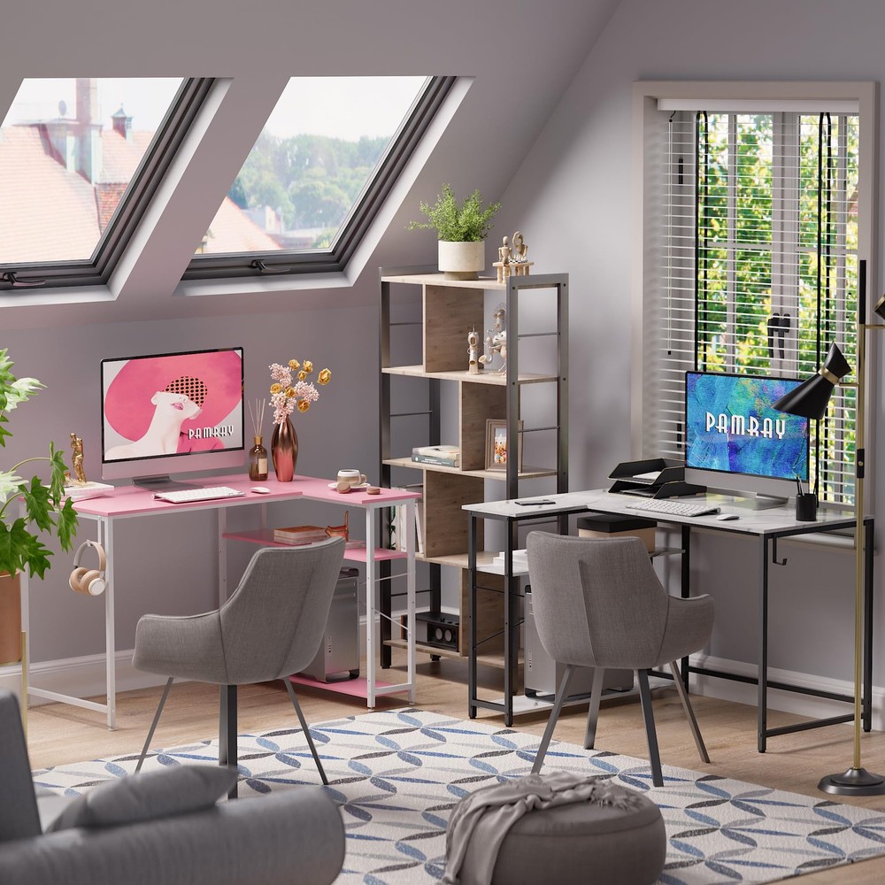 43 Inch L Shaped Computer Desk with Reversible Side Storage Shelves, Small Co...