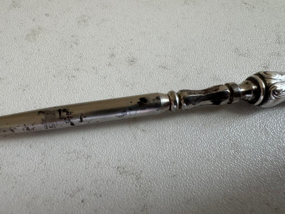 Antique Sterling Silver Handle Button Hook w/ Leaf Decoration & Monogram