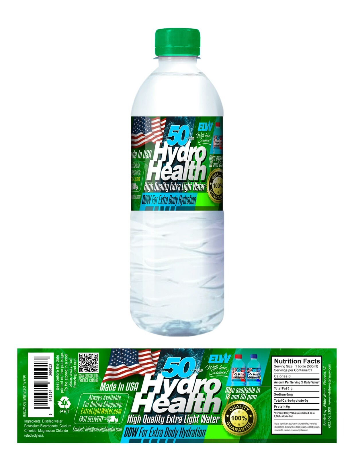 Deuterium Depleted Water 50 ppm Hydro Health 24 pcs x 500ML,free S&H to Cont.US