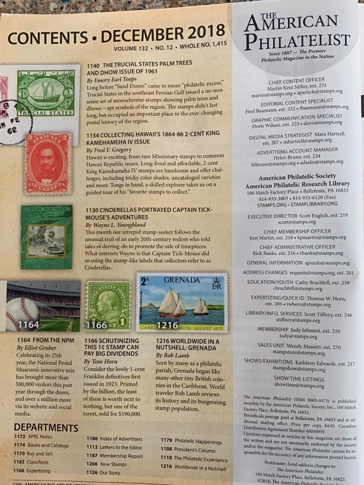 American Philatelist Magazine 2018, December