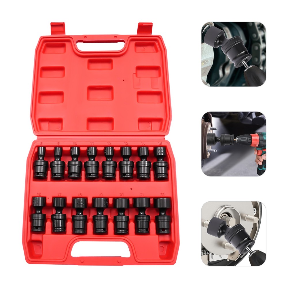15PCS Universal Joint Socket Set 8-22mm Socket Set Swivel Socket Set 3/8" w/Case