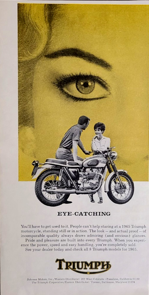 Triumph Motorcycle Original 1965 Vintage Print Ad Wall Art