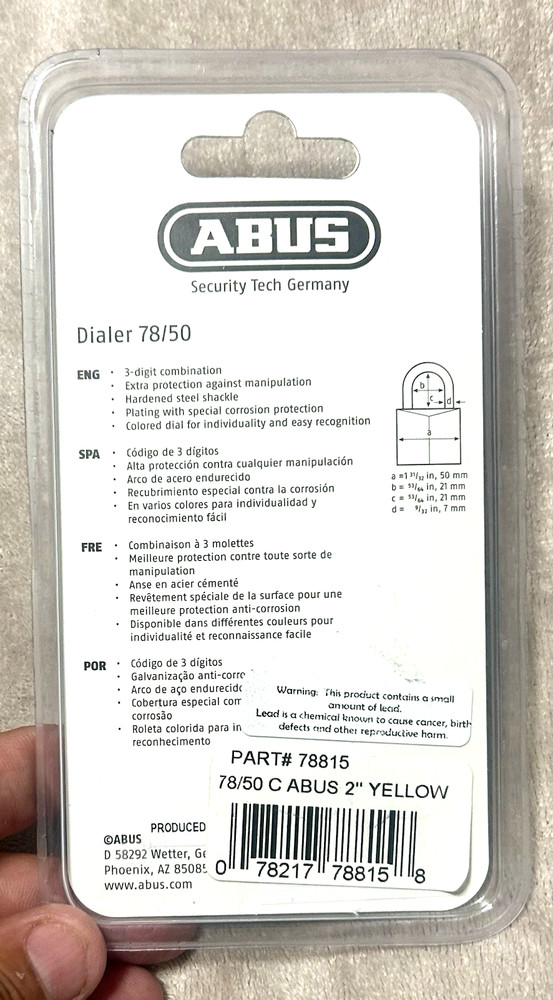 NEW ABUS 78/50 COMBINATION YELLOW PADLOCK - HIGH SECURITY GERMAN TECH