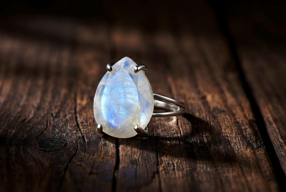 Rainbow Moonstone Ring Anemone 925 Silver Pear Shape Teardrop Gem