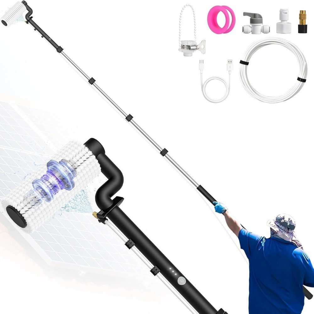 Solar Panel Cleaning Brush And Pole, 20Ft Electric Cleaning Roller Brush