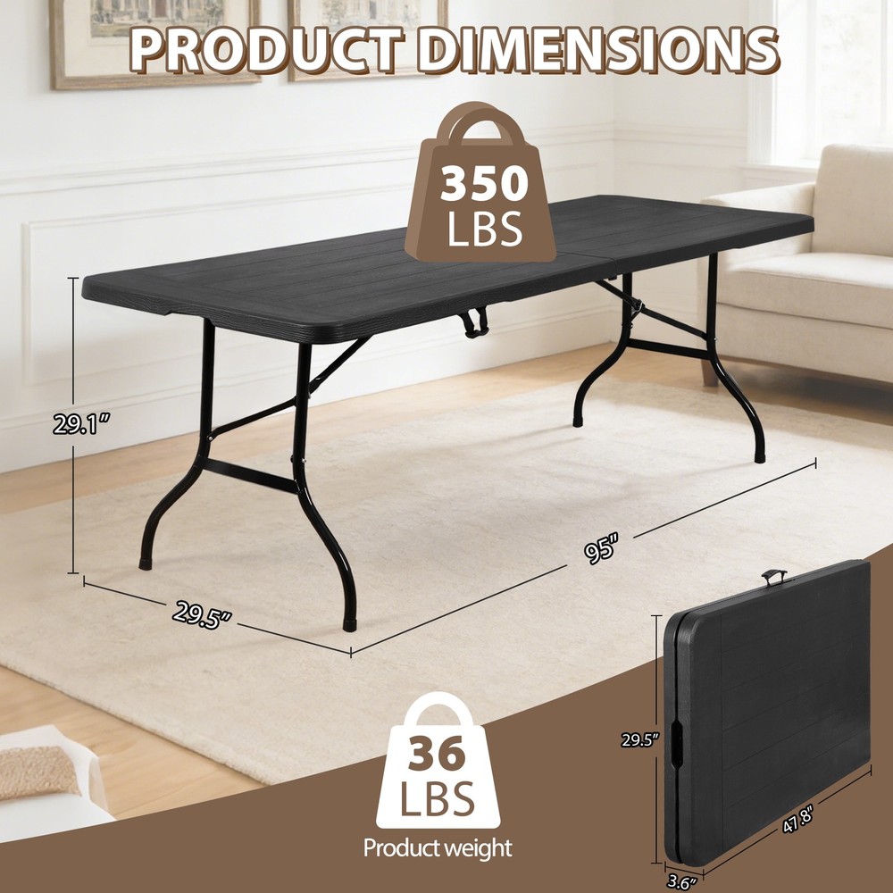 8FT Portable Folding Table Fold-in-Half Plastic Table for Dining Picnic Black