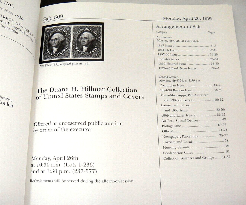 Siegel Stamp Auction Catalog 1999 w Prices Realized Hillmer Collection Covers