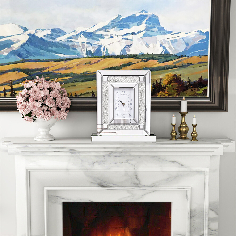 Crushed Diamond Table Clock w/ Quartz Movement Mirrored Desk Mantel Clock Silver