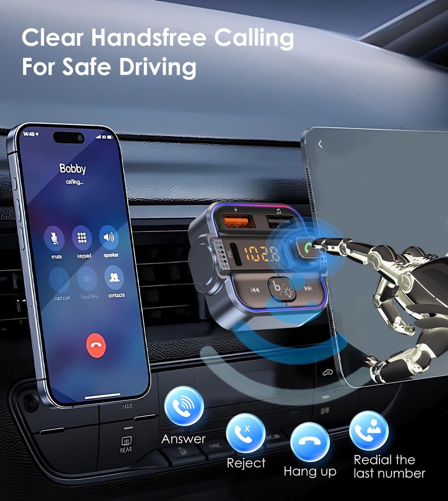 Bluetooth 5.3 FM Transmitter for Car, Dual Micphone Hands-Free small, Black