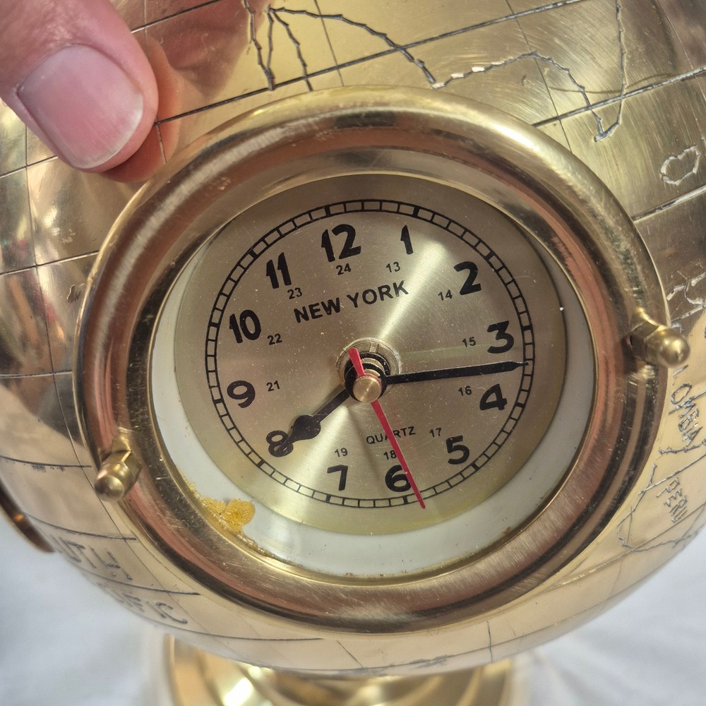 16" BRASS 5 WORLD CLOCKS SPINNING GLOBE