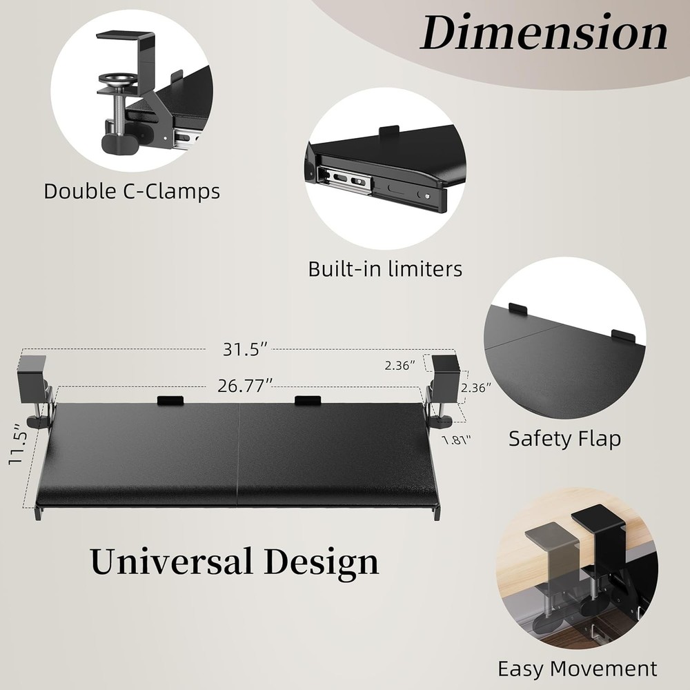 Space-Saving Adjustable Keyboard Tray with Wrist Support & Easy Clamp Attachment