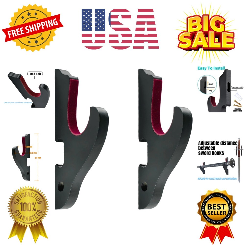 2/Set Sword Hook Wall Mount Samurai Sword Hanger Display Holder Adjustable fo...