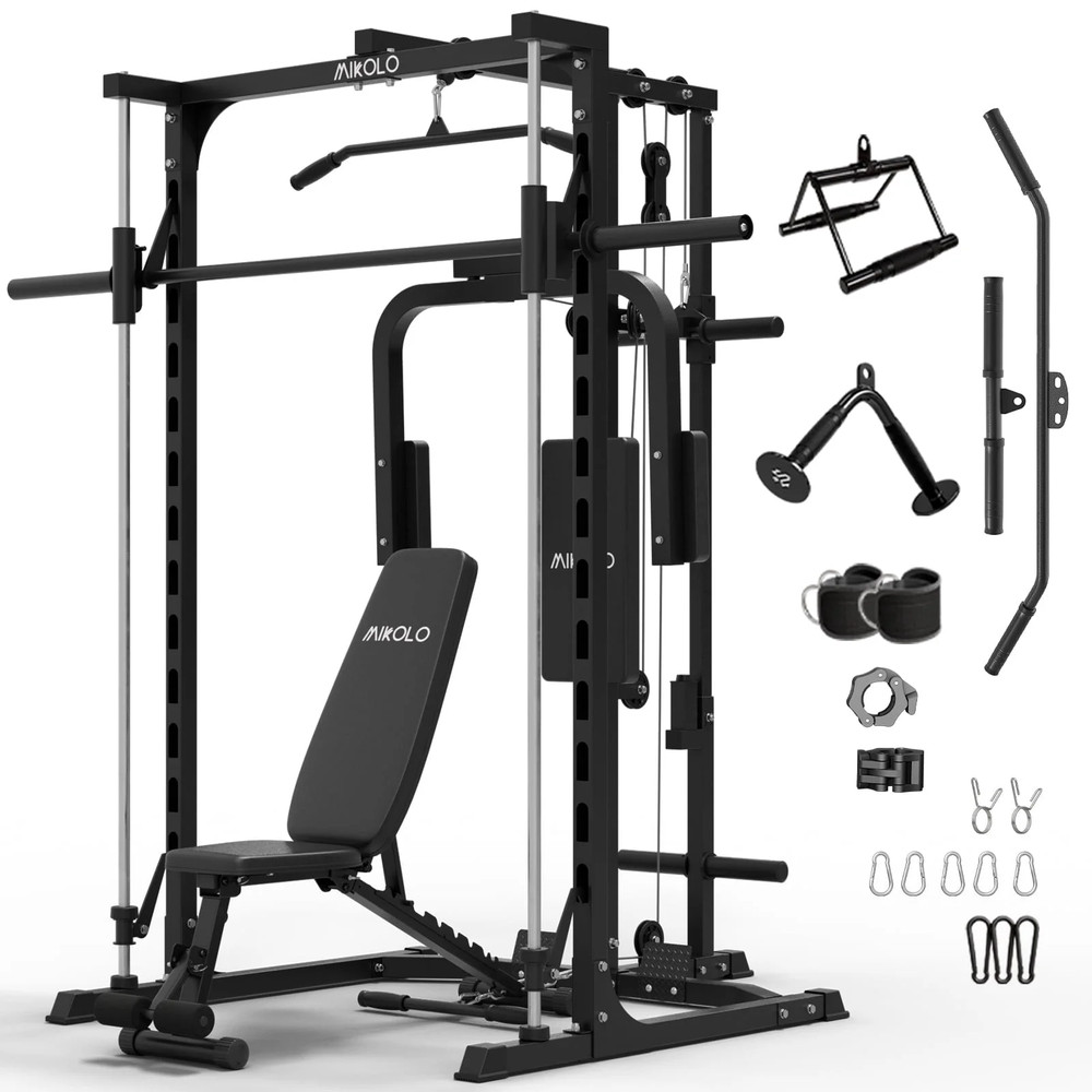 Smith Machine Home Gym, Multi-Functional Power Rack with Pec Deck Machine, Lat P