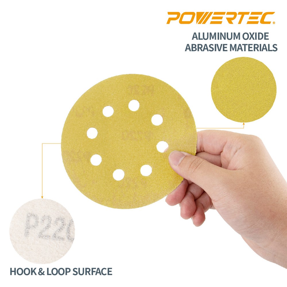 POWERTEC Hook&Loop 8 Hole Sanding Discs 5" Assorted Orbital Sander Round Paper