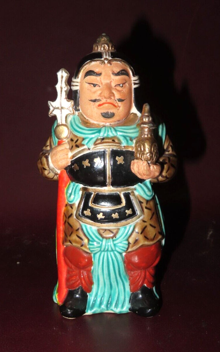 Vintage 6" Tall Hand Painted Japanese Porcelain Buddha Guard Figure w/ Staff