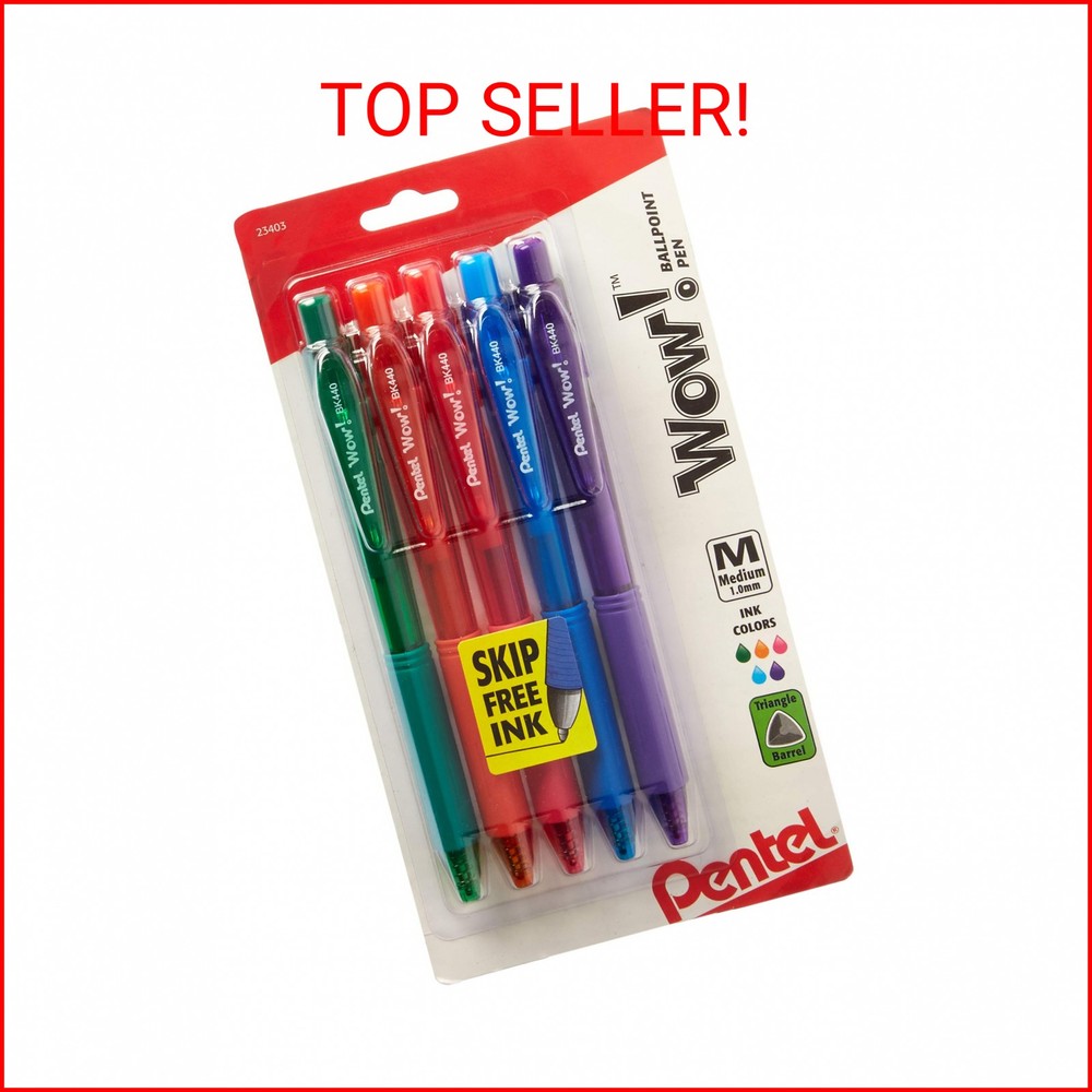 Pentel WOW! Colors Retractable Ballpoint Pens, Medium Line, Assorted Ink, 5 Pack