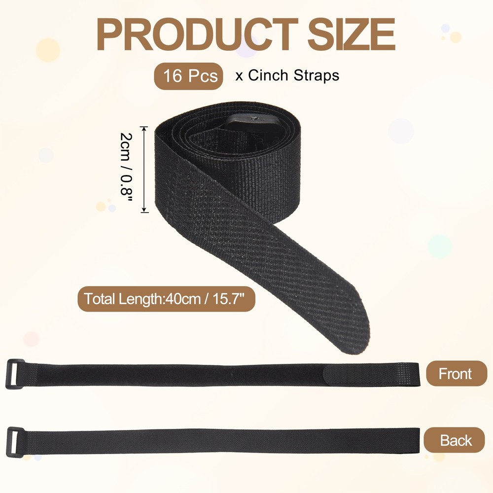 16pcs Reusable Cinch Straps 0.8"x15.7" Hook and Loop Cable Securing Strap, Black
