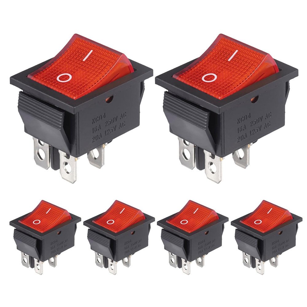 6pcs KCD4 Lighted Rocker Switch 20A 125V 16A 250V Red Light Mini Toggle