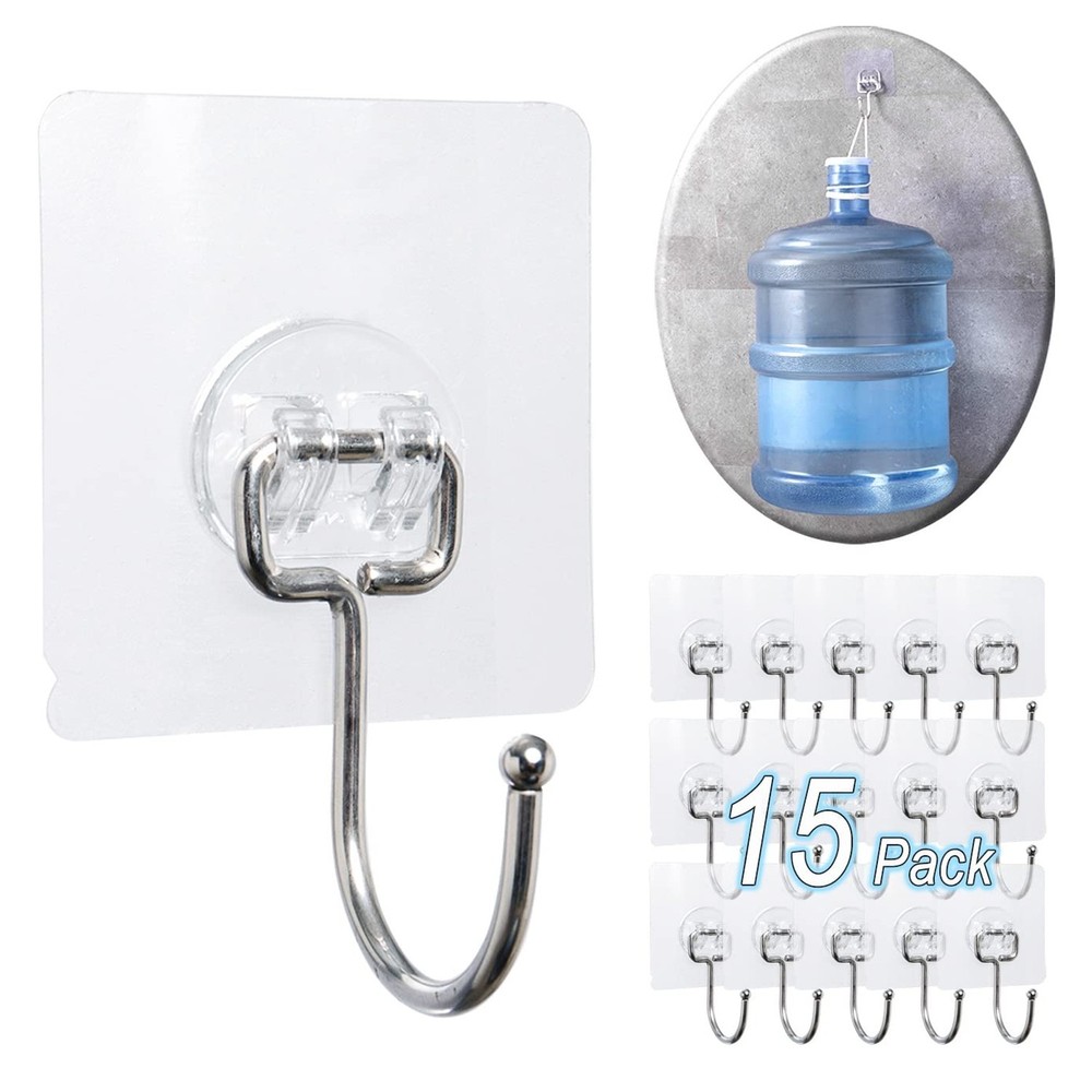 15 pack Large Adhesive Wall Hooks, Damage-Free Waterproof Rustproof 33Ib Max ...