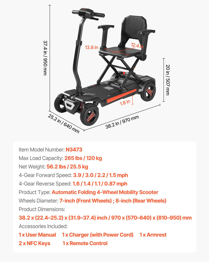 4-Wheel Electric Mobility Scooter Auto Folding Scooter with Remote Control
