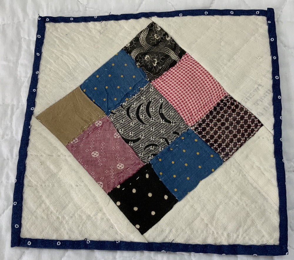 Antique Vintage Patchwork Quilt Table Topper, Nine Patch, Hand Quilted