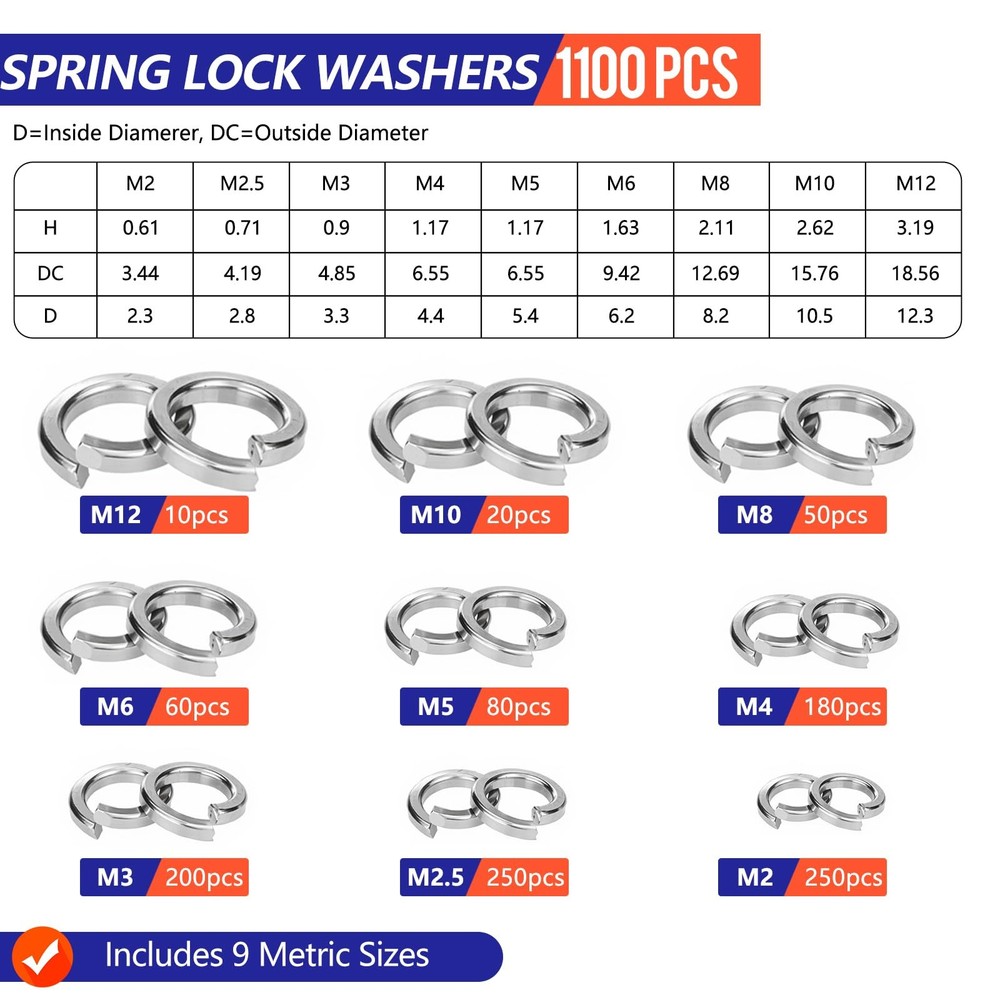 1100 Pcs Spring Lock Washers Assortment Kit, Metric Split Lock Washers, 304 S...