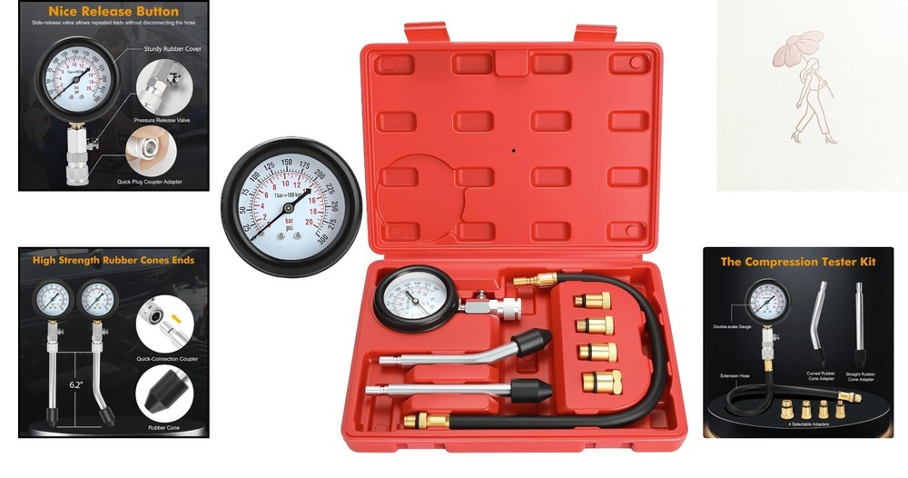 Quick and Accurate Petrol Engine Compression Tester - 8 Piece Gauge & Adapters