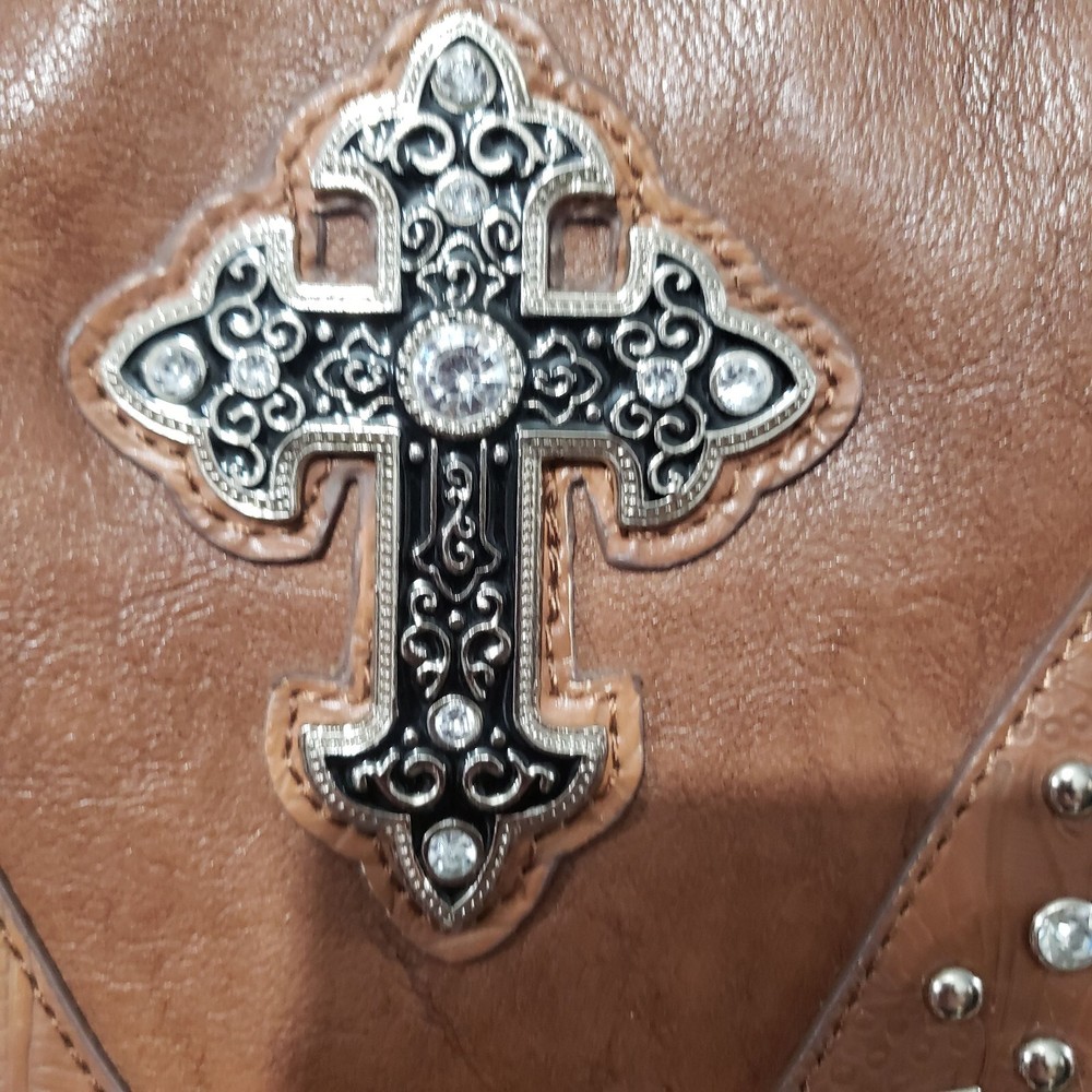 Brown Vegan Leather Backpack Rhinestone Cross Studded