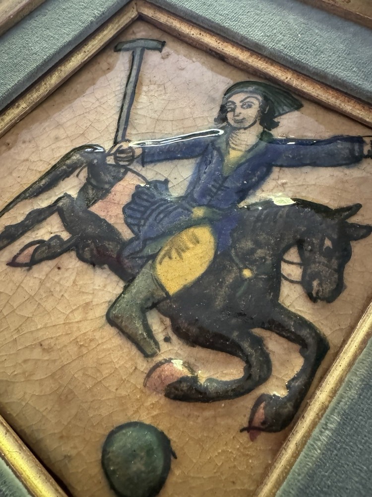 Framed Persian Qajar Handmade Ceramic Tile Polo Age Unknown