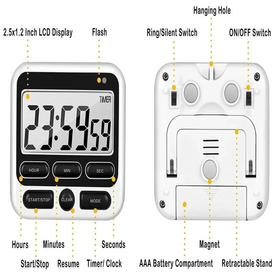 LCD Display Digital Kitchen Timer with Mute/Loud Alarm Switch ON/Off Switch 24 H