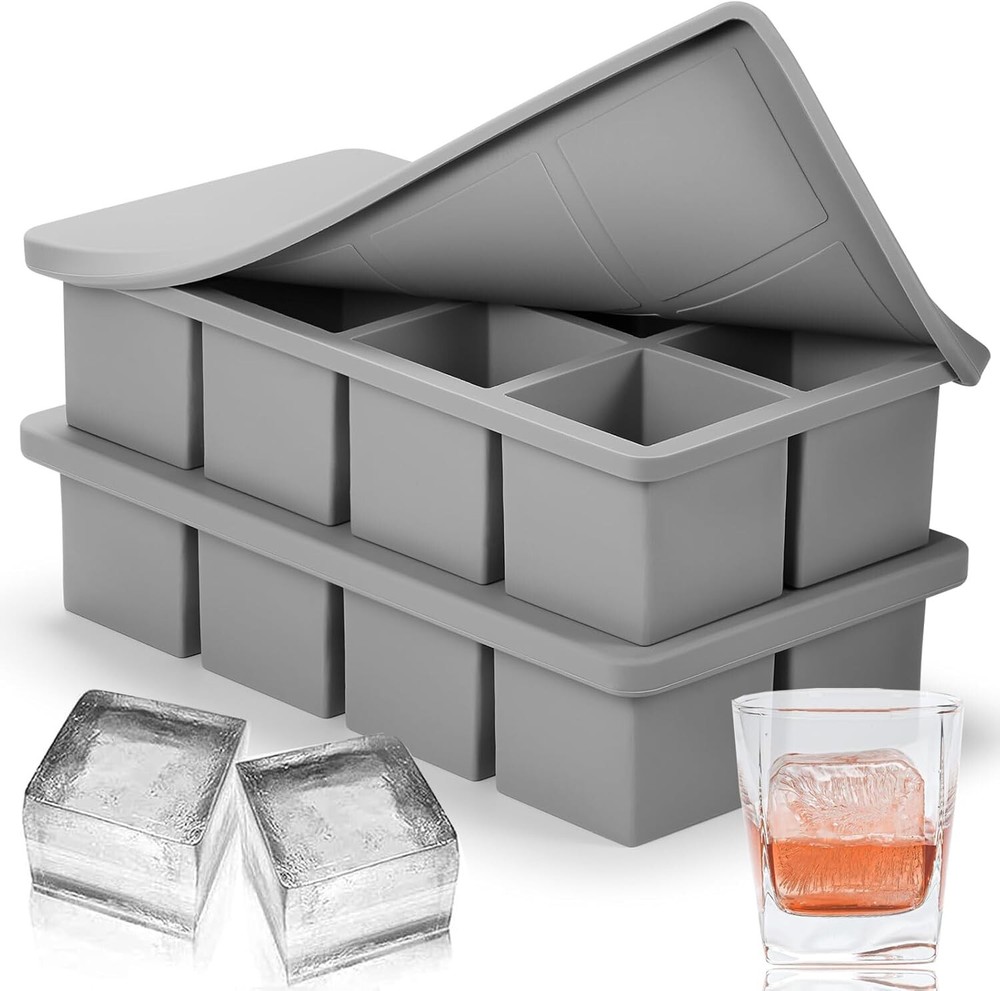 Nax Caki Silicone Ice Cube Tray with Lid 2 Pack Stackable Large Ice Cube Molds