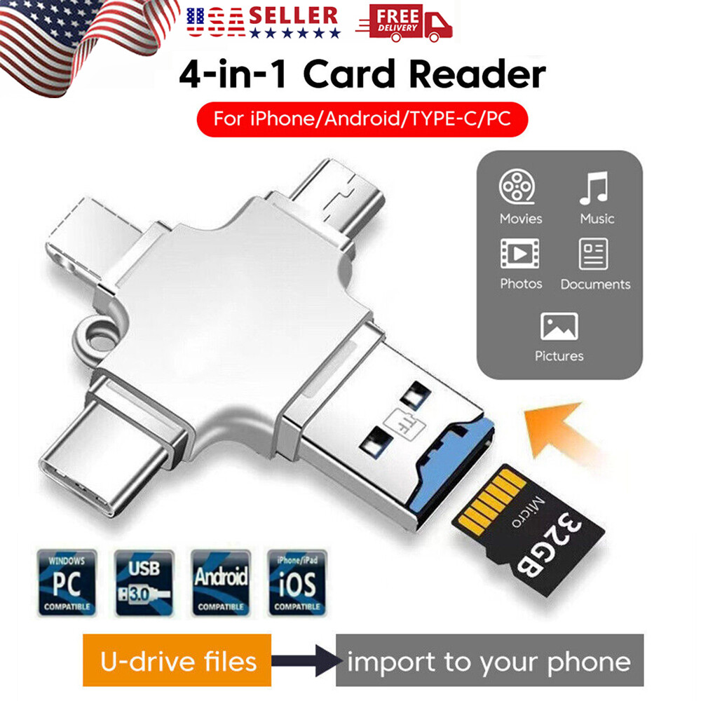 4 In 1 iOS Micro USB Type-C Micro TF Card Reader OTG for Android iPhone PC New🔥