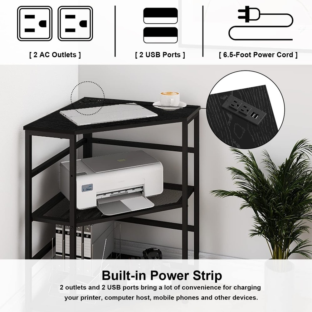 VEDECASA Corner Printer Stand Table with Power Outlet, USB, Adjustable Shelf