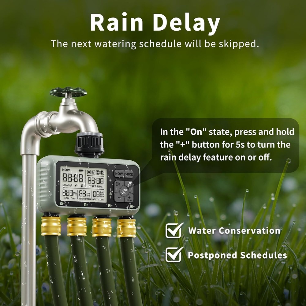 Sprinkler Timer Outdoor Programmable 4 Zone Water Timer with Rain Delay LCD IP54