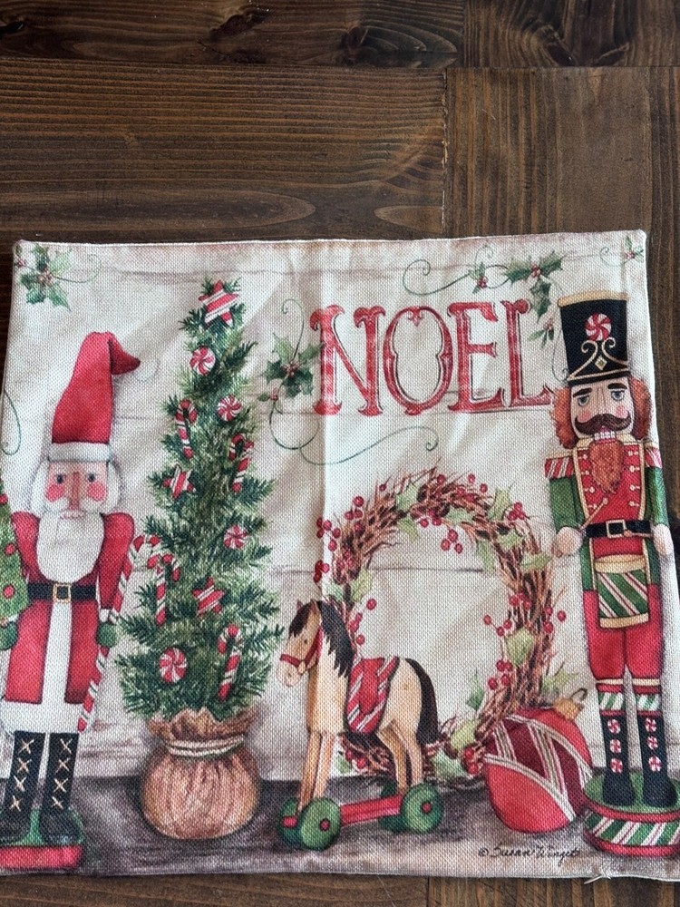 2 Linen Blend Christmas Throw PillowCase, Square Covers. Santa, Nutcracker