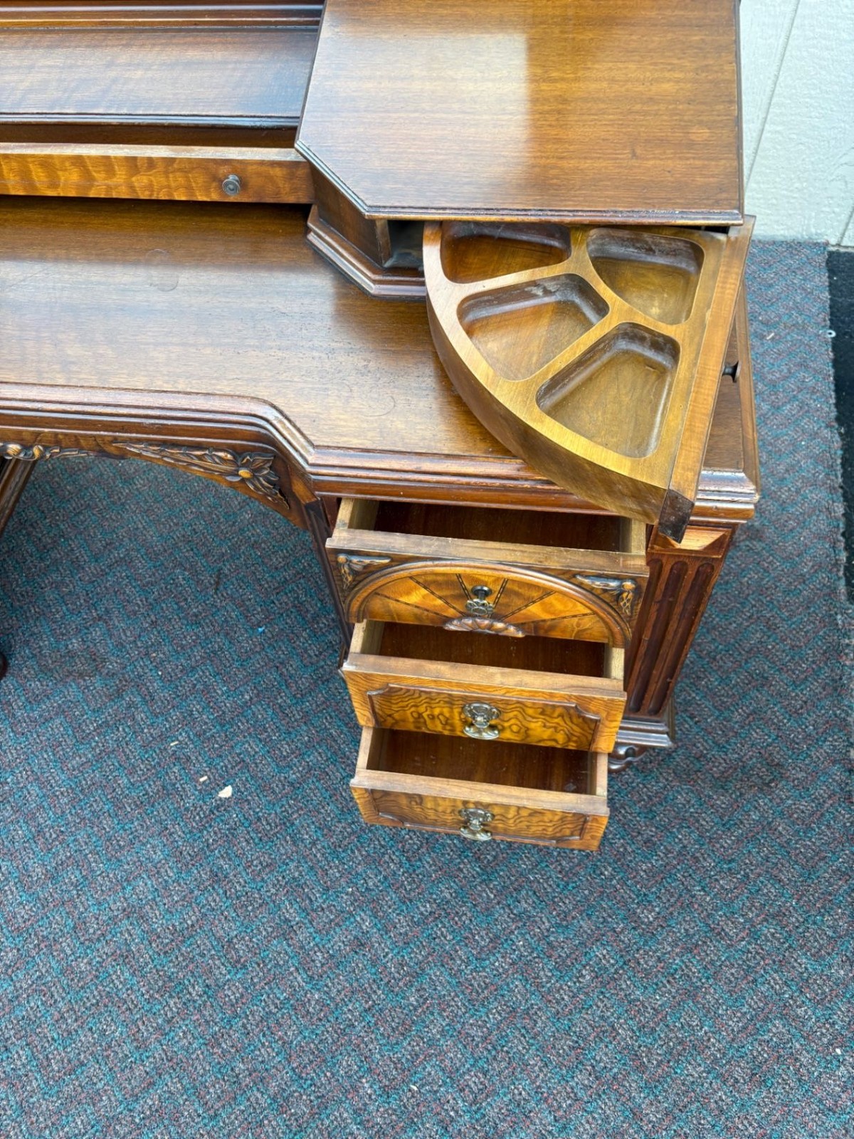 67476 Antique Walnut Vanity with Mirror, Ornate Carving and Drawers