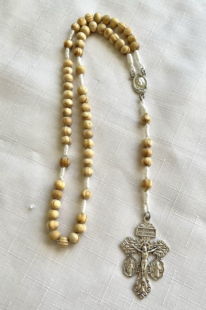 Natural Handmade Wood Rosary with Silver Pardon Crucifix