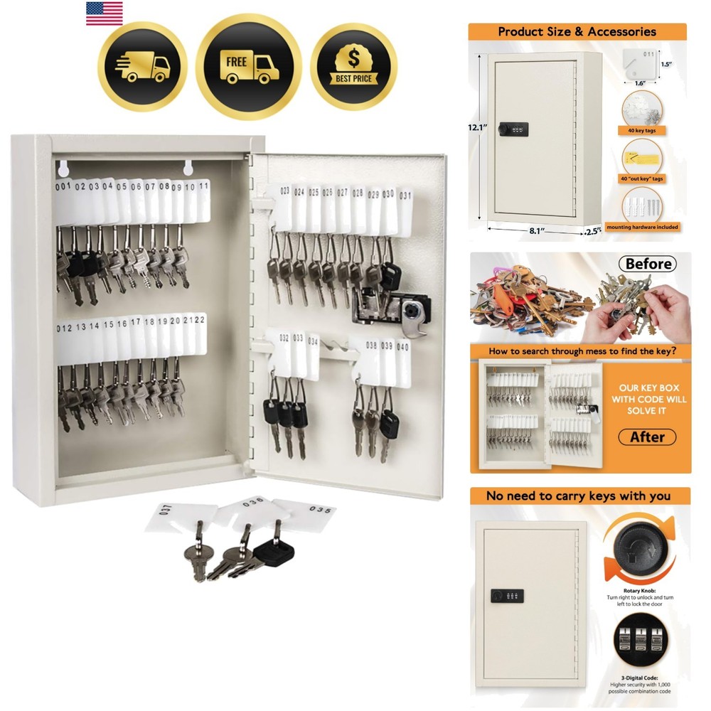 Key Storage Lock Box with Combination Lock Wall Mount for 40 Keys White