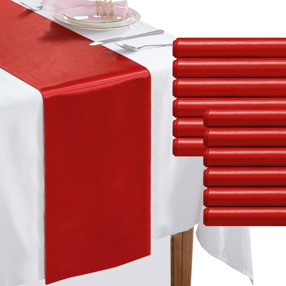 12 PCS Red 12x108 Inch Rectangular Smooth Satin Silk Table Runners Wedding